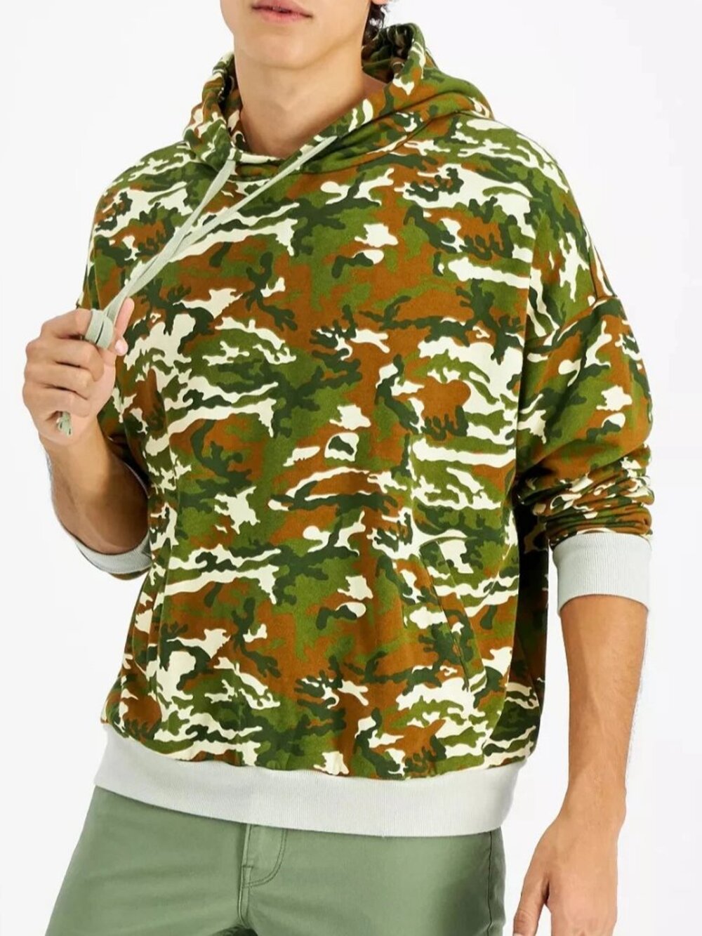 Sanctuary Men's Fleece Pullover Hoodie, Green Multi Camouflage, NWT